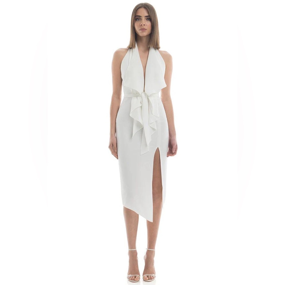 Misha Collection Lorena White Halter Gown Plunge Neck‎ Dress Size US 2